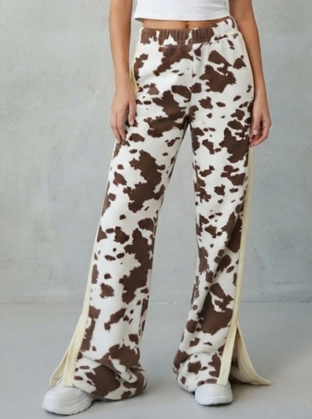 Grayson Threads Cow Print Sweatpants XS Brown White Wide Leg Split Hem Fleece